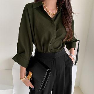 3/4-sleeve Peplum Formal Shirt Dark Khaki - One Size