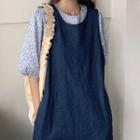 Floral Short-sleeve Blouse / Sleeveless Denim Midi A-line Dress