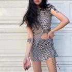 High-waist Houndstooth Asymmetrical Ruffle Trim Drawstring A-line Skirt
