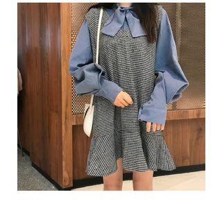 Set: Bow Accent Long Sleeve T-shirt + Plaid Mini Mermaid Pinafore Dress