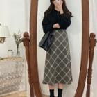 Polo-neck Sweater / Plaid Midi A-line Skirt