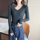 Long-sleeve V-neck Striped Slim Fit Knit Crop Top