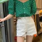 Short-sleeve Dotted Blouse Green - One Size
