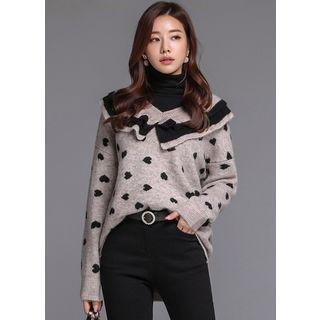 Frill-layered Heart-patterned Sweater