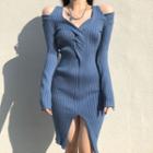 Long-sleeve Cold Shoulder Twist-front Knit Bodycon Dress