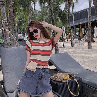 Short-sleeve Stripe Knit Top Beige - One Size