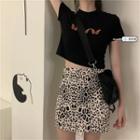 Short-sleeve Butterfly Embroidered Cropped Top / High-waist Leopard Skirt