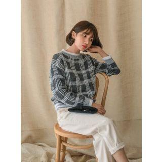 Crew-neck Plaid Wool Blend Sweater