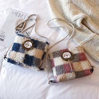 Plaid Lion Applique Furry Crossbody Bag