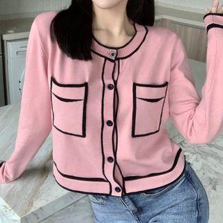 Round Neck Contrast Trim Cardigan Pink - One Size