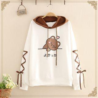 Bear Printed Lace-up Hoodie