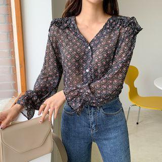 V-neck Frill-trim Floral Print Blouse