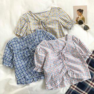 Short-sleeve Drawstring Plaid Blouse