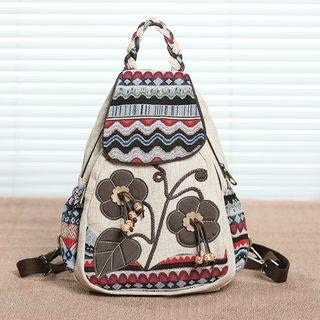 Flower Applique Canvas Backpack Khaki - One Size