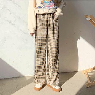 Plaid Wide-leg Pants Plaid - Black & Khaki - One Size
