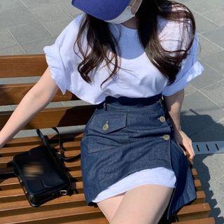 Short-sleeve Plain T-shirt / Asymmetrical Denim Mini Pencil Skirt