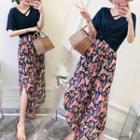 Set: Short-sleeve T-shirt + Leaf Print Wide-leg Pants