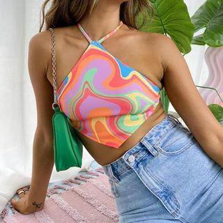 Printed Cropped Halter Top Purple & Orange - One Size