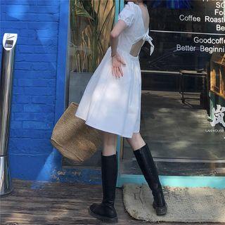 Puff-sleeve Square-neck Cutout-back Mini A-line Dress