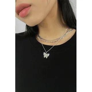 Butterfly-pendant Layered Necklace Silver - One Size