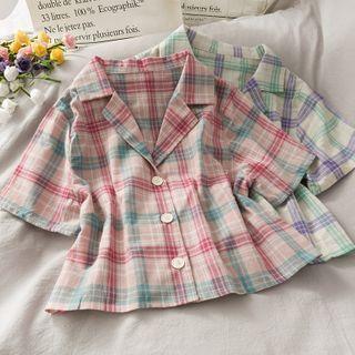Open-collar Plaid Crop Shirt