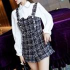 Set: Contrast Trim Long-sleeve Blouse + Jumper Shorts
