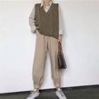 V-neck Sweater Vest / Straight-leg Cuffed Pants / Linen Shirt