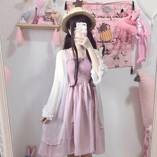 Plain Sleeveless Dress / Ruffle Trim Long-sleeve Light Jacket