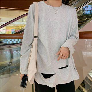 Long-sleeve Plain Cut-out T-shirt