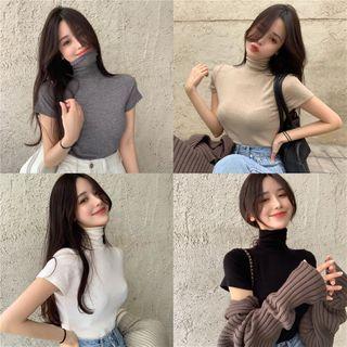 Plain Turtle-neck Short-sleeve Top