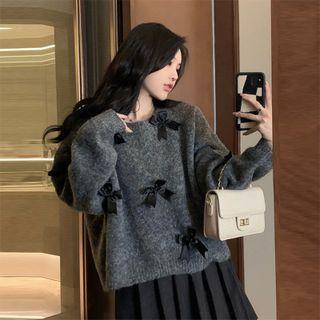 Round-neck Bow Accent Knit Top Gray - One Size