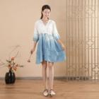 3/4-sleeve Indigo Dyed A-line Dress Blue & White - One Size