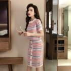 Set: Striped Short-sleeve Knit Top + Pencil Skirt Pink - One Size