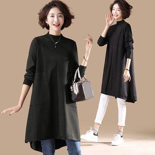Plain Semi High-neck Long-sleeve Dress