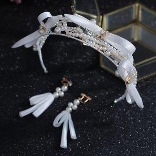 Set: Bow Faux Pearl Wedding Headband + Dangle Earring Headband & 1 Pair Earrings - White - One Size