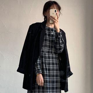 Long-sleeve Plaid Midi A-line Dress Plaid - Black - One Size
