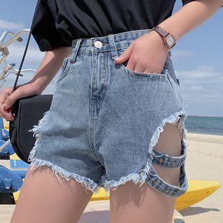 Asymmetric Frayed Hem Cutout Denim Hot Pants