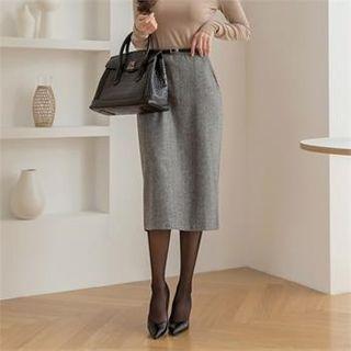 Herringbone Midi Skirt With Belt