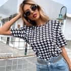Short-sleeve Round Neck Houndstooth T-shirt