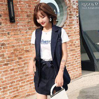 Set: Striped Buttoned Blazer + Mini A-line Skort