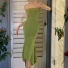 Strapless Plain Midi Sheath Dress Avocado Green - One Size