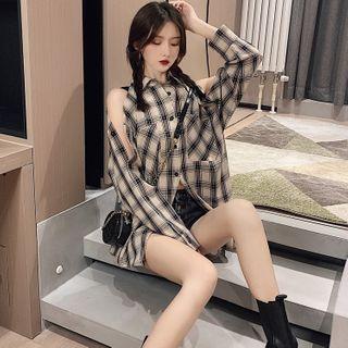 Cutout-shoulder Checker Loose Shirt Checker - One Size