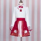Bow Accent Mandarin Collar Long Sleeve Top / A-line Mini Skirt