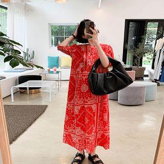 Balloon-sleeve Long Paisley Dress