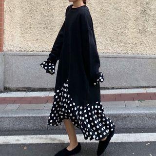 Polka Dot Panel Asymmetrical Midi Sweatshirt Dress As Shown In Figure - One Size