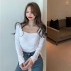 Square Neck Pleated Long-sleeve Blouse
