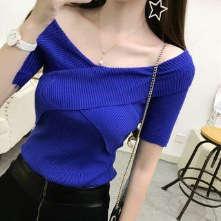 Short-sleeve Cross Off-shoulder Knit Top