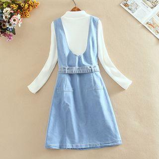 Set: Mock-neck Long-sleeve Knit Top + Denim A-line Pinafore Dress
