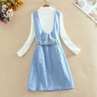 Set: Mock-neck Long-sleeve Knit Top + Denim A-line Pinafore Dress