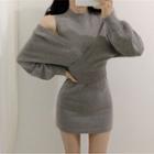 Sleeveless Plain Knit Dress + V-neck Knit Top Light Gray - One Size